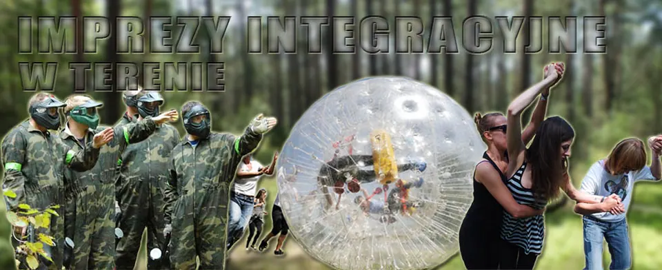 Kolaż z imprez w terenie: paintball, kula sferyczna i zadania w lesie